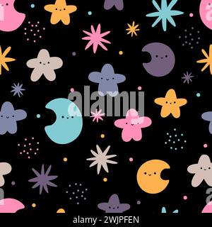 Niedliches nahtloses Muster mit handgezeichneten Elementen. Skandinavischer Stil. Mond, Sterne. Kawaii. Vektorabbildung Stock Vektor