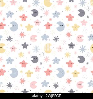 Niedliches nahtloses Muster mit handgezeichneten Elementen. Mond, Sterne. Skandinavischer Stil. Vektorabbildung Stock Vektor