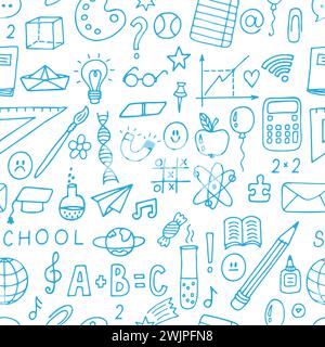 Handgezeichnetes nahtloses Muster mit Schulobjekten und Symbolen. Skizzierte Elemente. Zurück zur Schule. Vektorabbildung Stock Vektor
