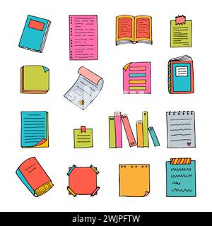 Handgezeichnete Bücher, Dokumente, Notizbücher und Papierbögen. Bibliothek, Buchhandlung. Leere Notizen. Vektorabbildung Stock Vektor
