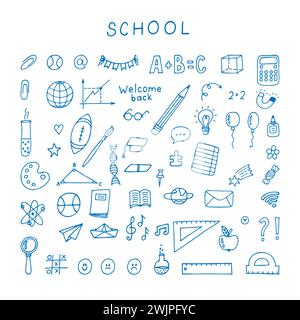 Zurück zur Schule. Handgezeichnetes Kritzelset mit Schulobjekten und Symbolen. Skizzierte Elemente. Bildung. Vektorabbildung Stock Vektor