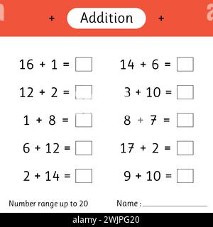 Zusatz. Zahlenbereich bis 20. Mathematik. Mathematische Arbeitsblätter für Kinder. Beispiele lösen und schreiben. Entwicklung von Rechenkenntnissen. Vektorabbildung Stock Vektor