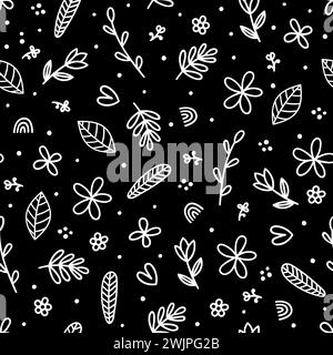 Niedliches nahtloses Blumenmuster mit handgezeichneten Elementen auf schwarzem Hintergrund. Skandinavischer Stil. Kritzeln Sie Blumen. Vektorabbildung Stock Vektor