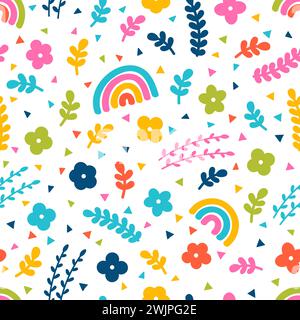 Niedliches nahtloses Blumenmuster mit handgezeichneten Elementen. Regenbogen, Blumen. Frühlingszeit. Skandinavischer Stil. Vektorabbildung Stock Vektor