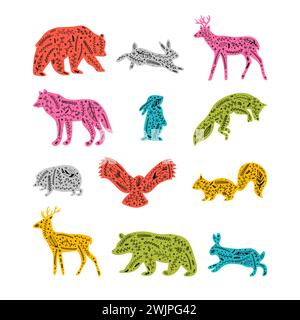 Waldtiere mit floralen Elementen. Handgezeichnete Silhouetten mit blühendem Ornament. Wilde Waldtiere. Vektorabbildung Stock Vektor