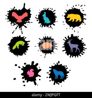 Waldtiere. Handgezeichnete Silhouetten. Wilde Waldtiere in Fleckform. Vektorabbildung Stock Vektor