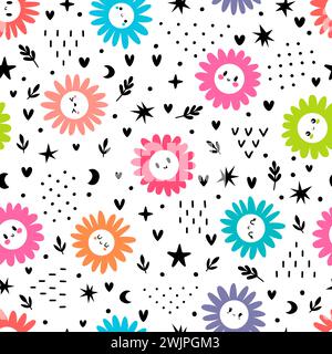 Niedliches nahtloses Muster mit farbigen Gänseblümchen. Ideal für Stoff, Geschenkpapier, Textil. Blumenmuster mit Kamille. Vektorabbildung Stock Vektor