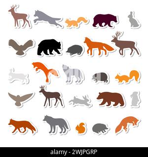 Waldtiere. Silhouetten, Aufkleber. Umrisse wilder Waldtiere. Bär, Hirsch, Wolf, Fuchs, Eule, Igel, Eichhörnchen, Hase. Vektorabbildung Stock Vektor