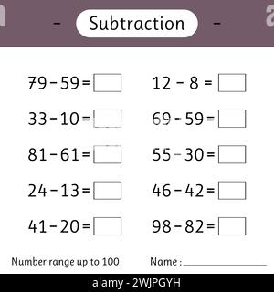 Subtraktion. Zahlenbereich bis 100. Mathematik. Mathematische Arbeitsblätter für Kinder. Beispiele lösen und schreiben. Entwicklung von Rechenkenntnissen. Vektorabbildung Stock Vektor