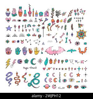 Mystische handgezeichnete Elemente. Halloween. Doodle-STYLE. Magie, Hexerei, esoterische Ikonen gesetzt. Vektorabbildung Stock Vektor