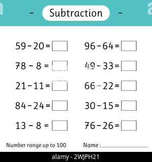 Subtraktion. Zahlenbereich bis 100. Mathematische Arbeitsblätter für Kinder. Beispiele lösen und schreiben. Mathematik. Entwicklung von Rechenkenntnissen. Vektorabbildung Stock Vektor