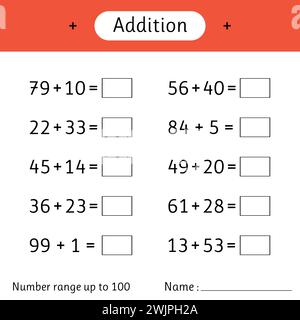 Zusatz. Zahlenbereich bis 100. Mathematische Arbeitsblätter für Kinder. Entwicklung von Rechenkenntnissen. Beispiele lösen und schreiben. Mathematik. Vektorabbildung Stock Vektor