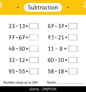 Subtraktion. Zahlenbereich bis 100. Mathematische Arbeitsblätter für Kinder. Lösungsbeispiele. Entwicklung von Rechenkenntnissen. Mathematik. Vektorabbildung Stock Vektor