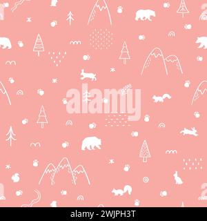 Nahtloses Muster mit Waldtieren. Skandinavischer Stil. Waldleben. Handgezeichneter Hintergrund. Vektorabbildung Stock Vektor