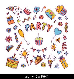 Set mit handgezeichneten Designelementen für Geburtstagsfeiern. Gruppe von Parteielementen. Doodle-Dekoration. Partyzeit Clipart. Vektorabbildung Stock Vektor