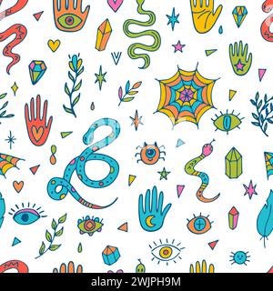 Handgezeichnetes nahtloses Muster. Halloween. Doodle-Boho-Stil. Hexenmotiv. Mystische esoterische Hintergründe. Vektorabbildung Stock Vektor