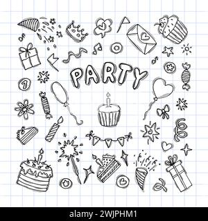 Set mit handgezeichneten Designelementen für Geburtstagsfeiern. Gruppe von Parteielementen. Doodle-Dekoration. Partyzeit. Vektorabbildung Stock Vektor