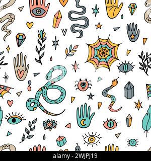 Handgezeichnetes nahtloses Muster. Doodle-Boho-Stil. Halloween. Hexenmotiv. Mystische esoterische Hintergründe. Vektorabbildung Stock Vektor