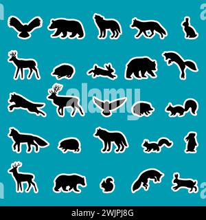 Waldtiere. Silhouetten, Aufkleber. Schwarze Umrisse wilder Waldtiere. Bär, Hirsch, Wolf, Fuchs, Eule, Igel, Eichhörnchen, Hase. Vektorillustraten Stock Vektor