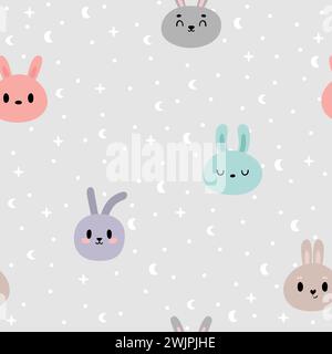 Niedliches nahtloses Muster mit Kawaii-Häschen. Handgezeichneter Hintergrund mit Karikaturkaninchen. Kinderzimmer-STYLE. Vektorabbildung Stock Vektor