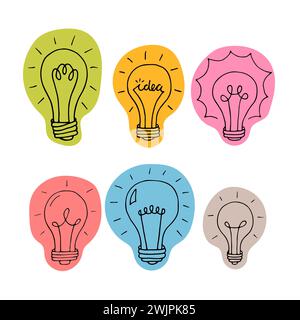 Handgezeichnete Glühlampen. Glühlampe kritzeln. Ideenkonzept. Skizzieren, minimalistisches Design. Vektorabbildung Stock Vektor