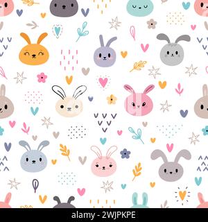 Niedliches nahtloses Muster mit Karikaturkaninchen. Kawaii-Häschen. Handgezeichneter floraler Hintergrund mit niedlichen Tieren. Vektorabbildung Stock Vektor