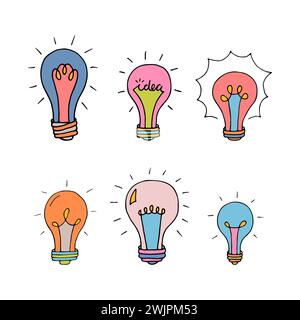 Handgezeichnete Glühlampen. Glühlampe kritzeln. Ideenkonzept. Skizzieren, minimalistisches Design. Vektorabbildung Stock Vektor