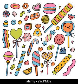 Handgezeichnete Süßigkeiten und Süßigkeiten. Desserts, Schokolade, Makronen, Marshmallow. Doodle-STYLE. Süßes Essen. Vektorabbildung Stock Vektor