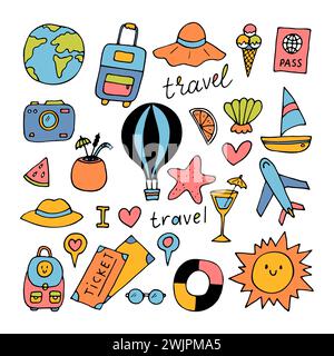 Handgezeichneter Satz von fahrenden Symbolen. Urlaub, Urlaub, Reise. Sommerkollektion. Designelemente. Vektorabbildung Stock Vektor