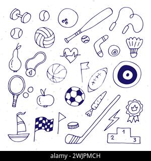 Set handgezeichneter Sportelemente. Sport Equipments Icons Kollektion. Fitness, gesunder Lebensstil. Vektorabbildung Stock Vektor