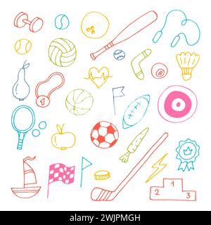 Set handgezeichneter Sportelemente. Sport Equipments Icons Kollektion. Fitness, gesunder Lebensstil. Vektorabbildung Stock Vektor