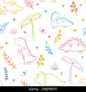 Niedliches handgezeichnetes nahtloses Muster mit Dinosauriern und tropischen Pflanzen. Dino-Kollektion für Kinder. Lustige Charaktere. Vektorabbildung Stock Vektor