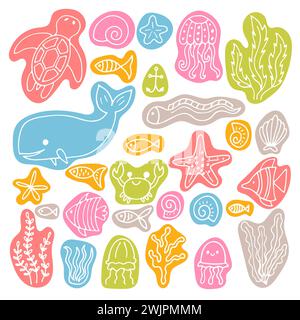 Set von Meerestieren in handgezeichnetem Stil. Meeresleben. Unter Wasser, unter dem Meer, auf See. Vektorabbildung Stock Vektor