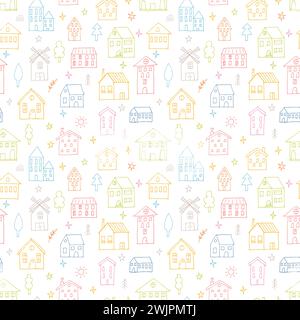 Niedliches nahtloses Muster mit handgezeichneten Häusern. Gebäude. Doodle-STYLE. Textur für Stoff, Textil, Verpackung, Tapete. Vektorabbildung Stock Vektor