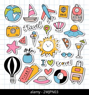 Handgezeichneter Satz von fahrenden Symbolen. Urlaub, Urlaub, Reise. Sommerkollektion. Designelemente. Vektorabbildung Stock Vektor