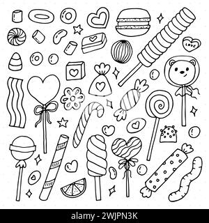 Handgezeichnete Süßigkeiten und Süßigkeiten. Desserts, Schokolade, Makronen, Marshmallow. Doodle-STYLE. Süßes Essen. Vektorabbildung Stock Vektor
