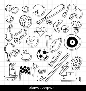 Set handgezeichneter Sportelemente. Sport Equipments Icons Kollektion. Fitness, gesunder Lebensstil. Vektorabbildung Stock Vektor