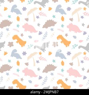 Niedliches handgezeichnetes nahtloses Muster mit Dinosauriern und tropischen Pflanzen. Dino-Kollektion für Kinder. Lustige Charaktere. Vektorabbildung Stock Vektor