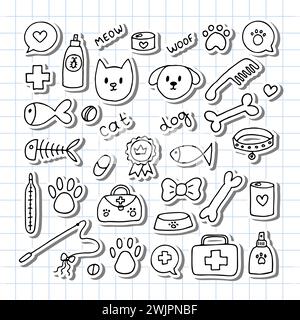 Handgezeichnete Tierarztsymbole. Haustierladen oder Ladenkonzept. Pflege von Tieren, Hunden, Katzen. Haustierbedarf und -Zubehör-Set. Vektorabbildung Stock Vektor