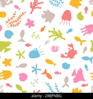 Handgezeichnetes nahtloses Muster mit Unterwassertieren. Meer, Meeresleben. Nautischer Hintergrund. Vektorabbildung Stock Vektor