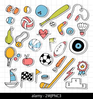 Set handgezeichneter Sportelemente. Sport Equipments Icons Kollektion. Fitness, gesunder Lebensstil. Vektorabbildung Stock Vektor