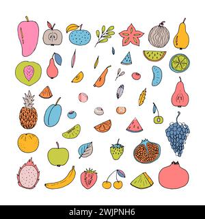 Große Auswahl an handgezeichneten Früchten und Beeren. Sommer-Obstkollektion. Skizze, Kritzelstil. Vektorabbildung Stock Vektor