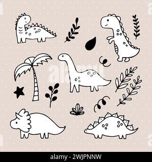 Niedliche handgezeichnete Dinosaurier und tropische Pflanzen. Dino-Kollektion für Kinder. Lustige Zeichen. Vektorabbildung Stock Vektor