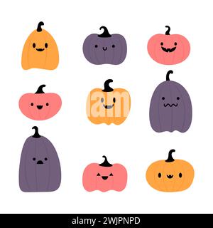 Halloween Kürbisse Set. Monster Gesichter. Designelemente für Logo, Banner, Etikett, Poster. Vektorabbildung Stock Vektor