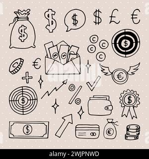 Handgezeichnete Geschäftssymbole. Finanzen, Geld, Investitionen, Strategie. Doodle, Skizzendesign. Vektorabbildung Stock Vektor