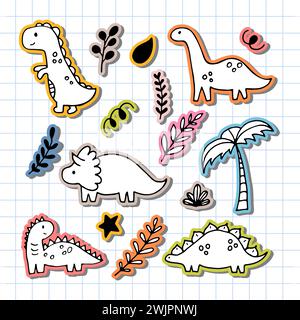 Niedliche handgezeichnete Dinosaurier und tropische Pflanzen. Dino-Kollektion für Kinder. Lustige Zeichen. Vektorabbildung Stock Vektor
