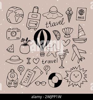 Handgezeichneter Satz von fahrenden Symbolen. Urlaub, Urlaub, Reise. Sommerkollektion. Designelemente. Vektorabbildung Stock Vektor
