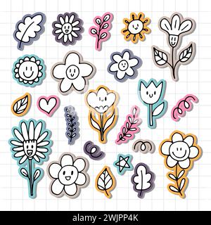 Niedliche handgezeichnete glückliche Blumen. Kritzeleien. Lustige Gesichter. Elemente im Blumendesign. Gliederung. Vektorabbildung Stock Vektor