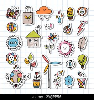 Handgezeichnete Ökologie, Öko-Symbole. Null-Abfall-Konzept. Alternative Energie. Ökologischer, grüner Lebensstil. Vektorabbildung Stock Vektor