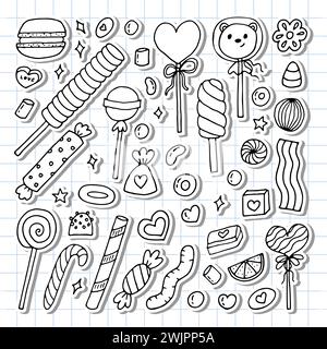 Handgezeichnete Süßigkeiten und Süßigkeiten. Desserts, Schokolade, Makronen, Marshmallow. Doodle-STYLE. Süßes Essen. Vektorabbildung Stock Vektor